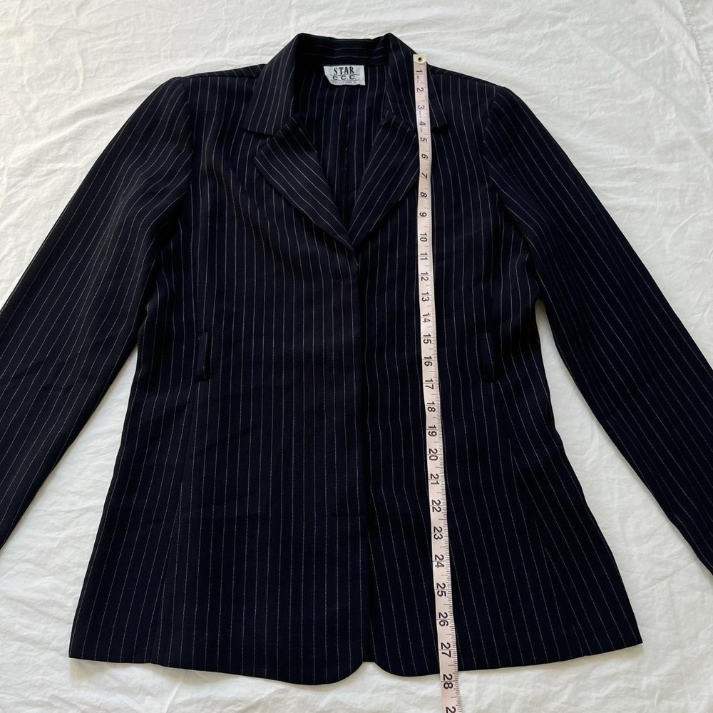90s Pinstripe Blazer Star CCC City Jacket Shoulder Pads Navy Women's Medium - Picture 7 of 10